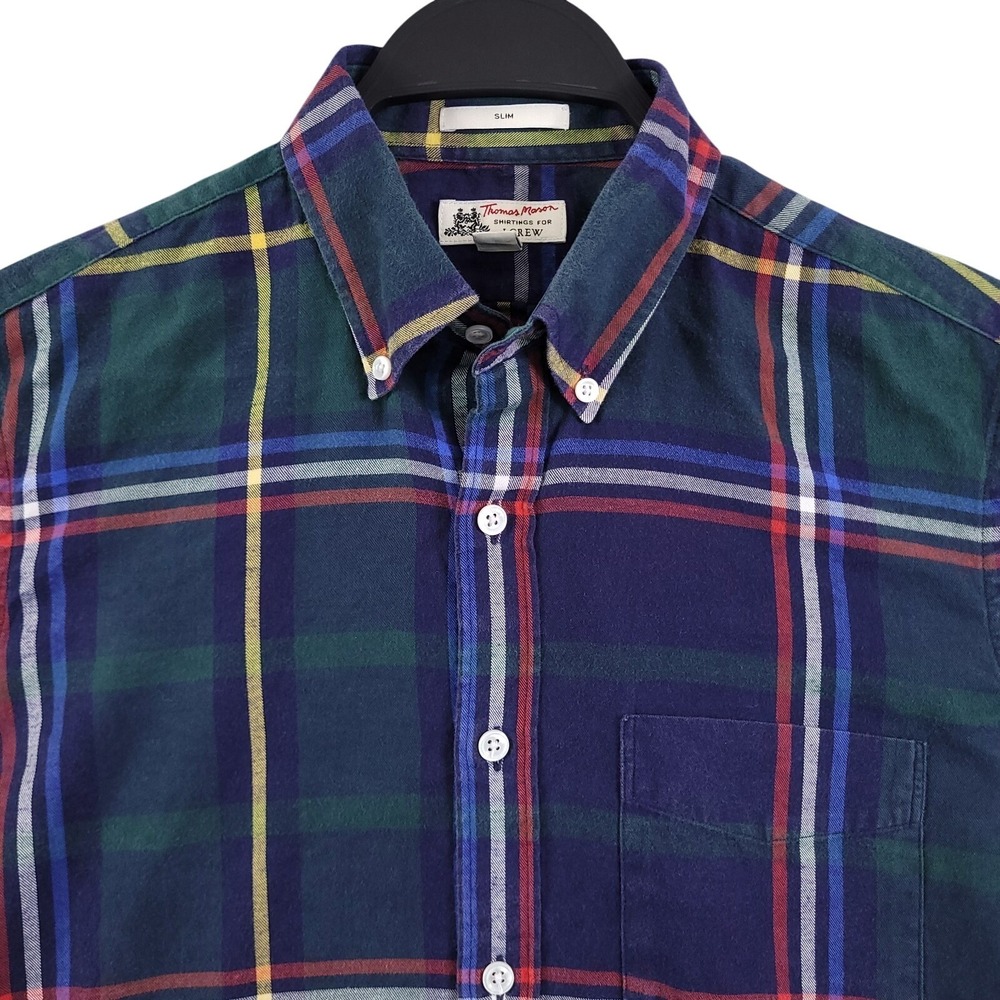 J Crew x Thomas Mason Shirt Mens S Slim Fit Green Blue Plaid Flannel Lightweight